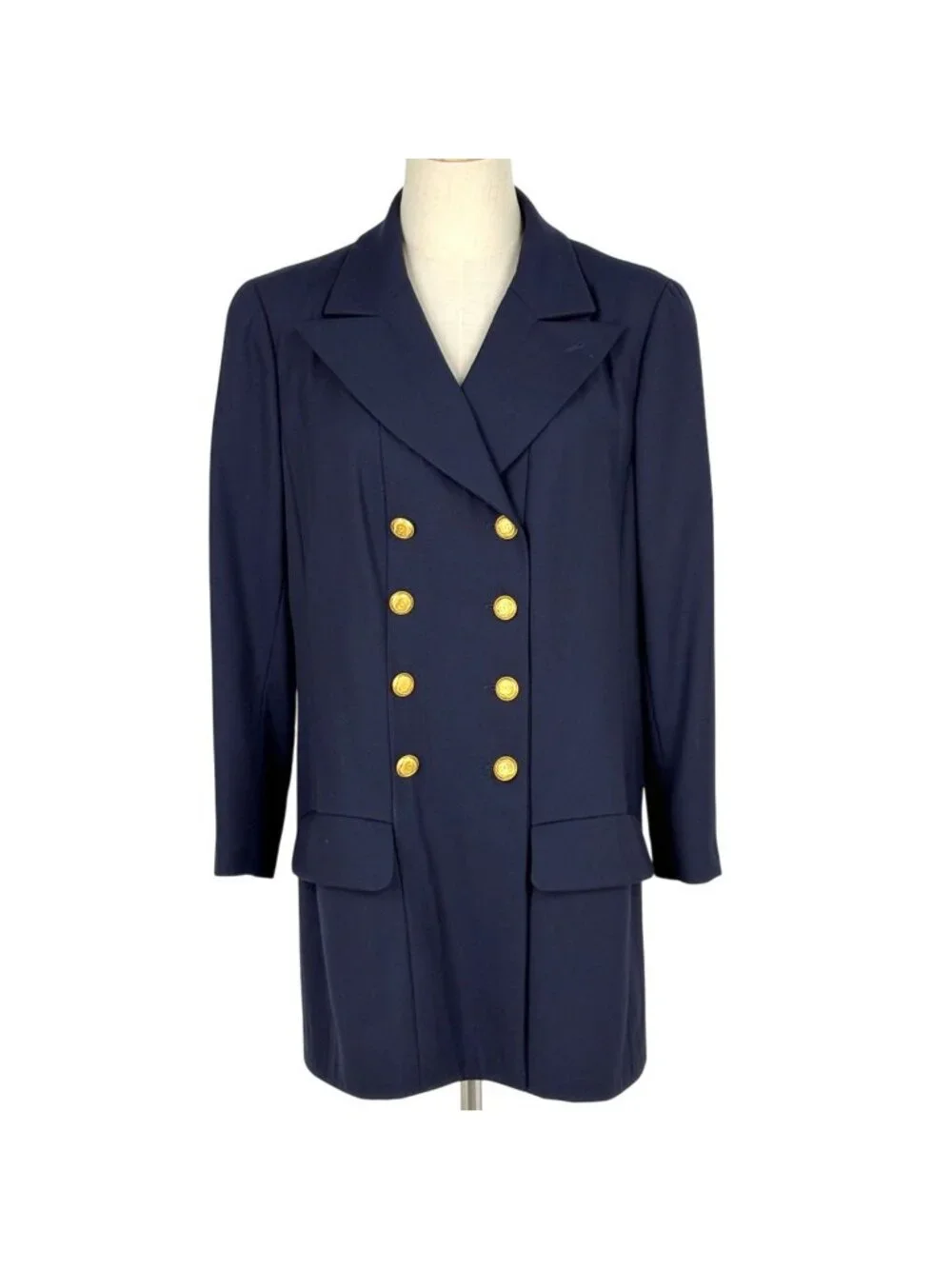 Chanel CC Logo Button Tailored Jacket Outer Wool Navy